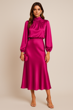 Leana - Midi jurk met opstaande kraag en hoge taille dames