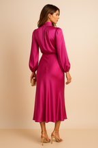 Leana - Midi jurk met opstaande kraag en hoge taille dames
