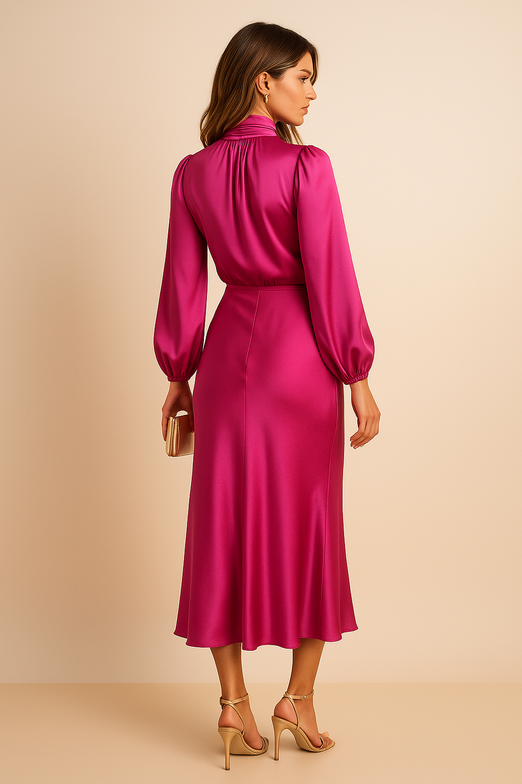 Leana - Midi jurk met opstaande kraag en hoge taille dames