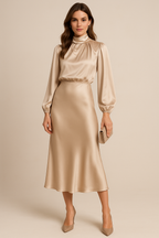 Leana - Midi jurk met opstaande kraag en hoge taille dames