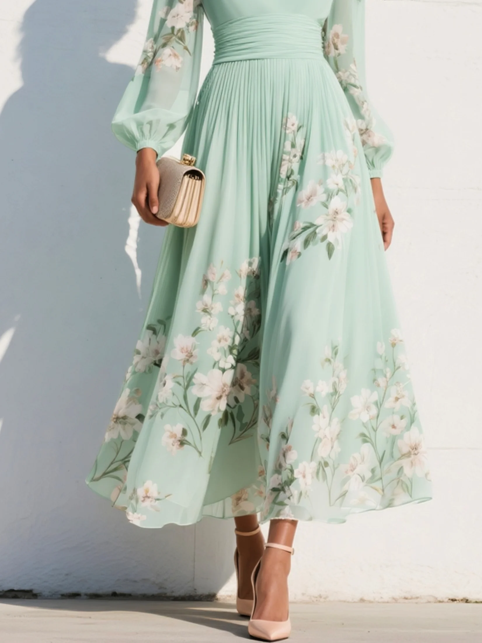 Capucine - Midi zomerjurk van gebloemde chiffon met V-hals dames