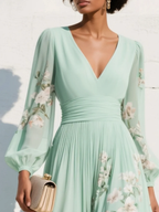 Capucine - Midi zomerjurk van gebloemde chiffon met V-hals dames