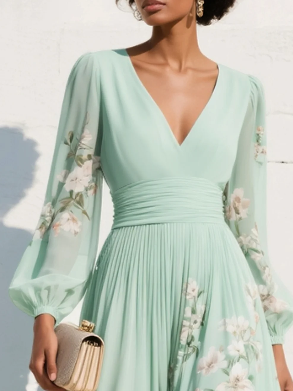 Capucine - Midi zomerjurk van gebloemde chiffon met V-hals dames