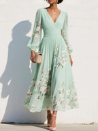 Capucine - Midi zomerjurk van gebloemde chiffon met V-hals dames