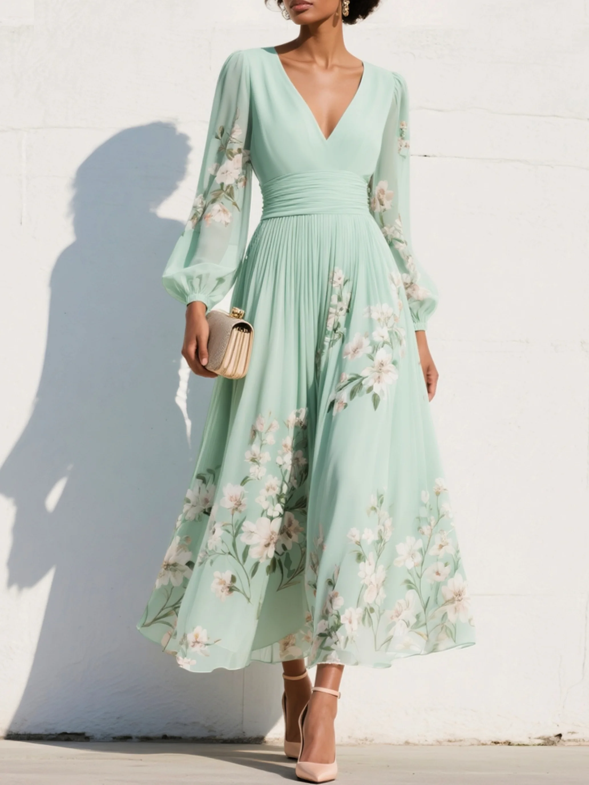Capucine - Midi zomerjurk van gebloemde chiffon met V-hals dames