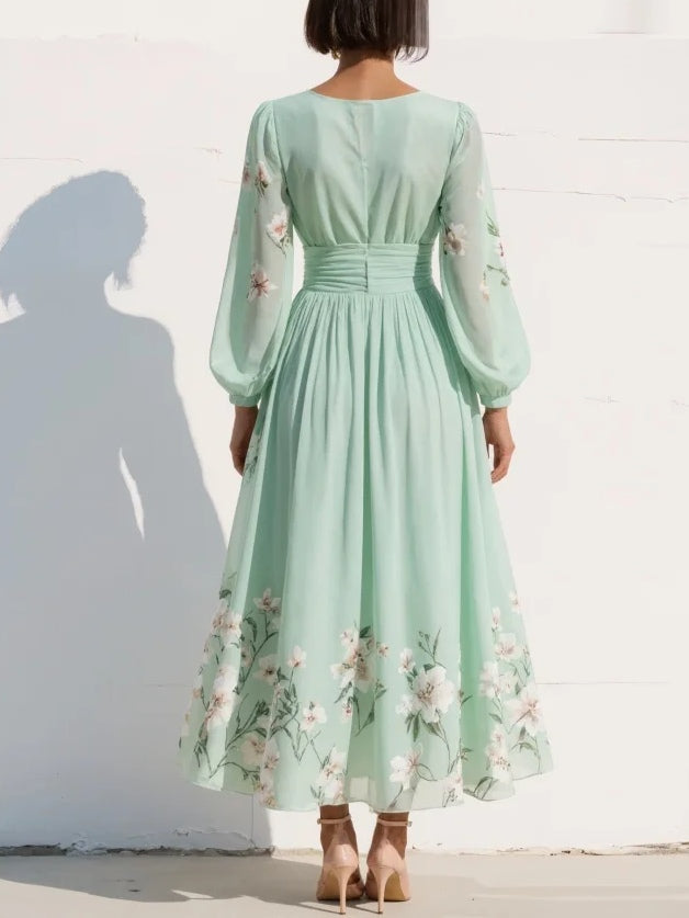 Capucine - Midi zomerjurk van gebloemde chiffon met V-hals dames