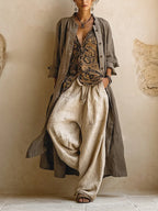 Driedelige linnen set dames met top, wijde broek en lang vest bohemian stijl