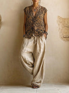 Driedelige linnen set dames met top, wijde broek en lang vest bohemian stijl