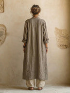 Driedelige linnen set dames met top, wijde broek en lang vest bohemian stijl