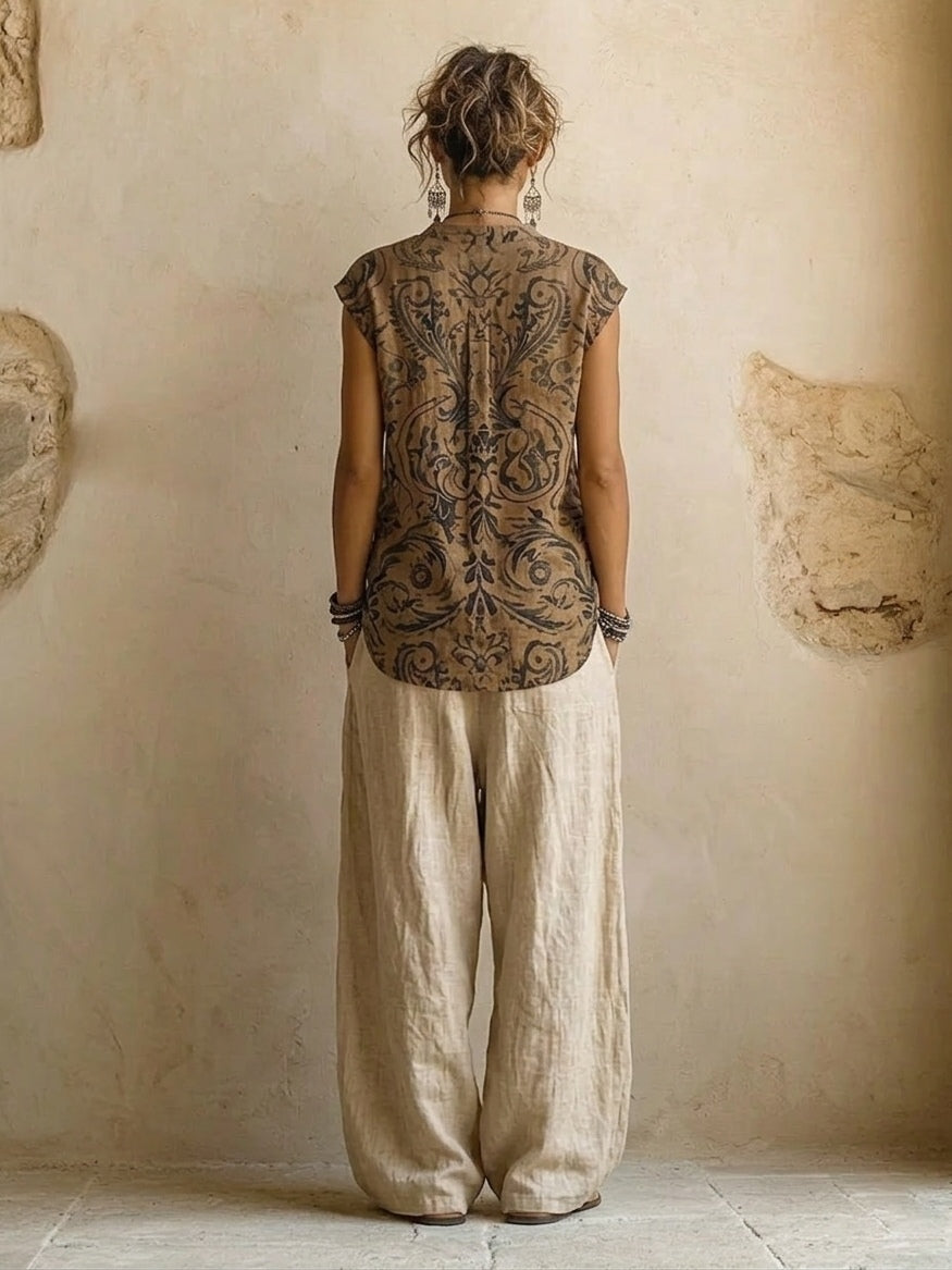 Driedelige linnen set dames met top, wijde broek en lang vest bohemian stijl