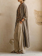 Driedelige linnen set dames met top, wijde broek en lang vest bohemian stijl