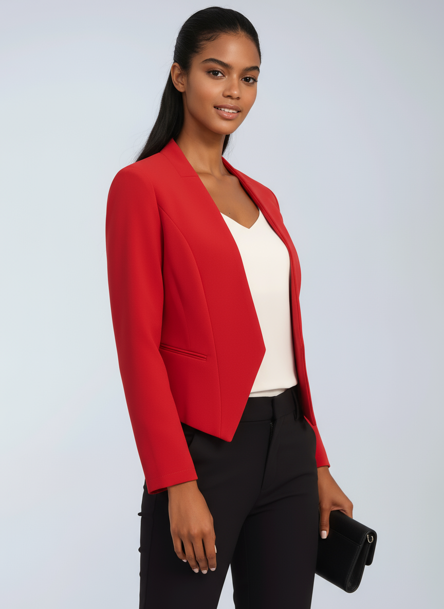 Korte blazer dames met open voorkant, asymmetrische zoom en volledige voering 3