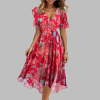 Midi zomerjurk dames met bloemenprint en korte mouwen