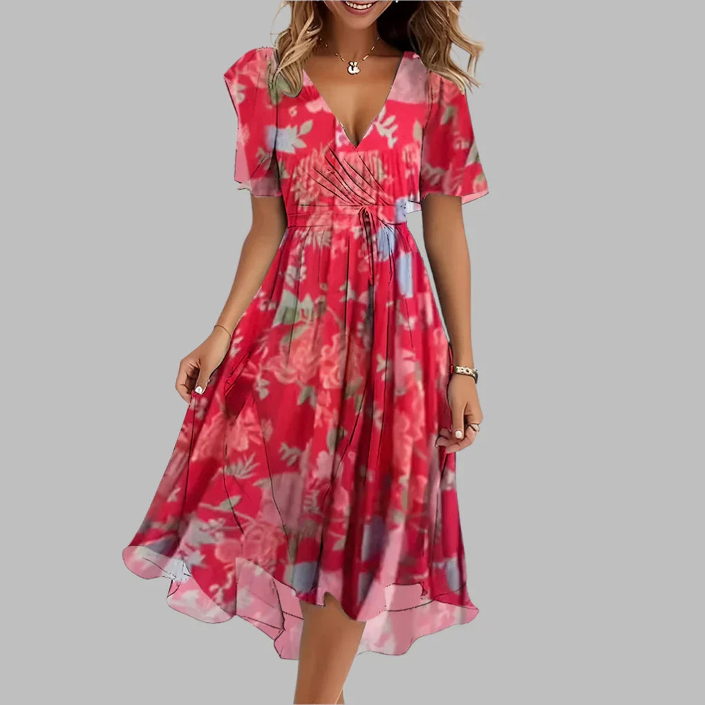 Midi zomerjurk dames met bloemenprint en korte mouwen