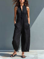 Gabrielle - Jumpsuit linnen mouwloos met opstaande kraag en knopen dames