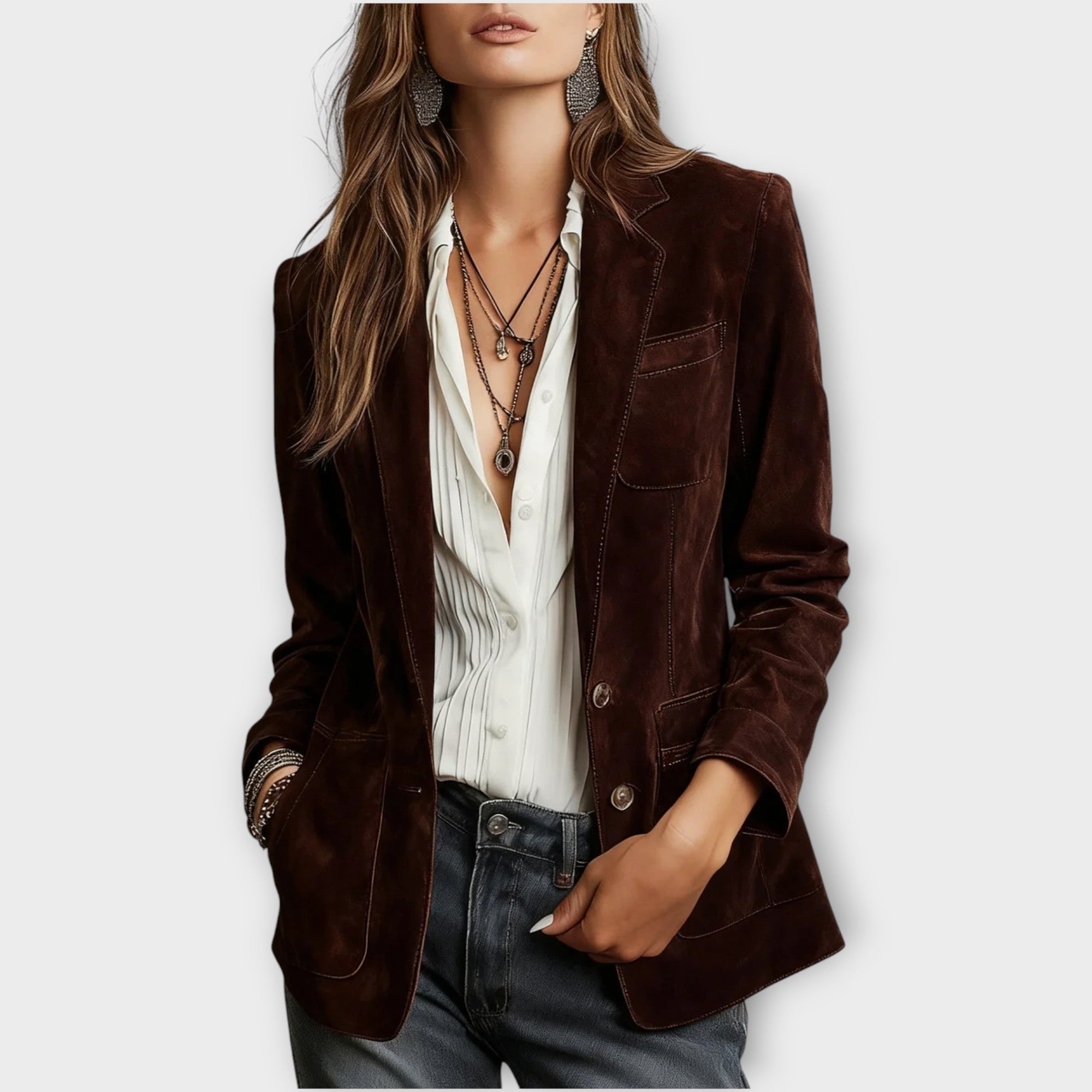 Getailleerde blazer dames van suède met knoopsluiting en steekzakken 4