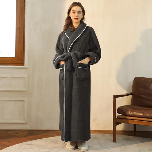 Badjas dames van fleece met sjaalkraag en ceintuur 2