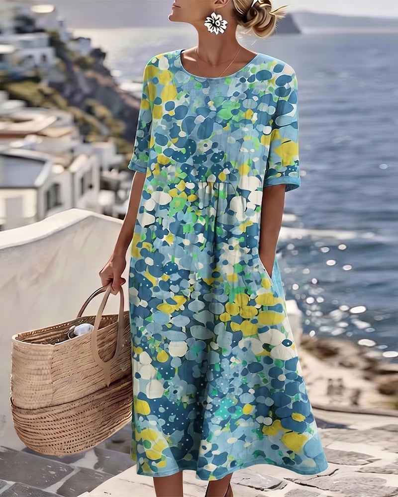 Linnen midi jurk dames met bloemenprint, korte mouwen en zakken