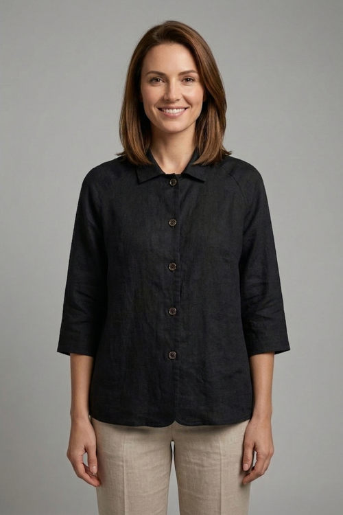 Blouse dames met kraag, knoopsluiting en opgerolde manchetten 1