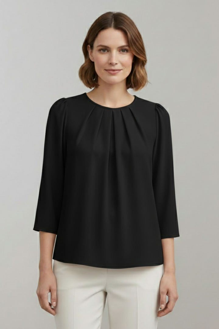 Blouse dames met ronde hals, plooidetail en lange mouwen 2