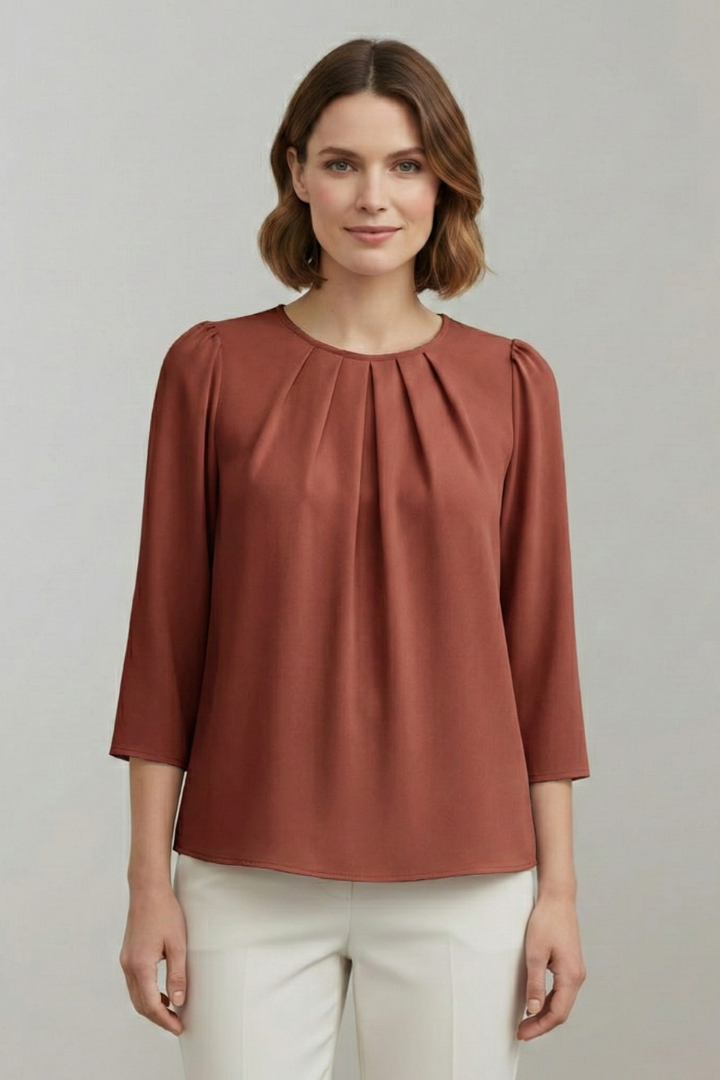 Blouse dames met ronde hals, plooidetail en lange mouwen 4