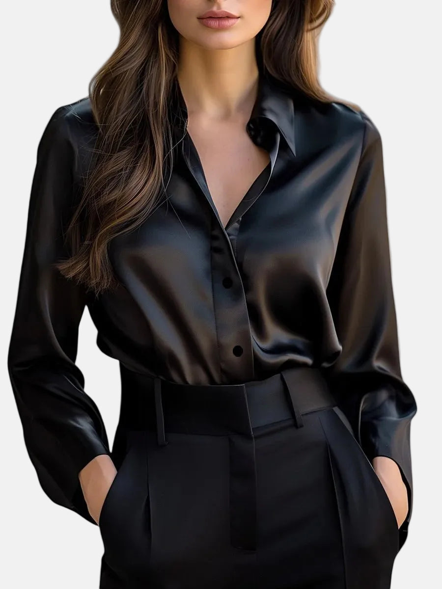 Blouse dames van satijn met lange mouwen en knoopsluiting 1