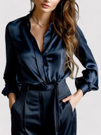 Blouse dames van satijn met lange mouwen en knoopsluiting 2