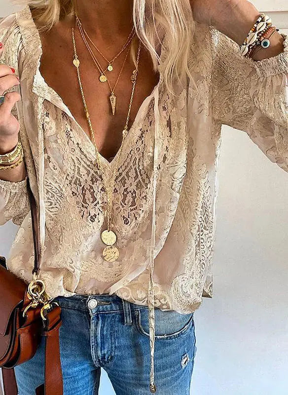 Lavinia - Bohemian blouse met split hals en vintage uitstraling dames