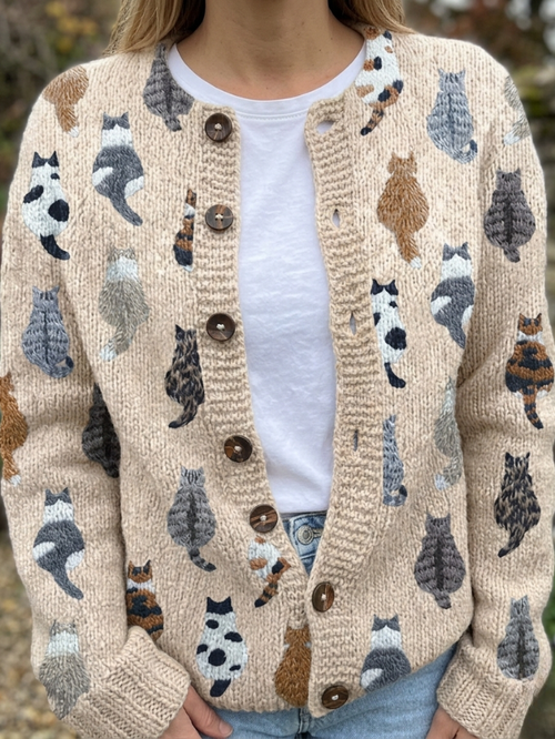 Cardigan dames met kattenmotief en knoopsluiting 1