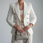 Getailleerde blazer dames met dubbele rij gouden knopen en reverskraag 1