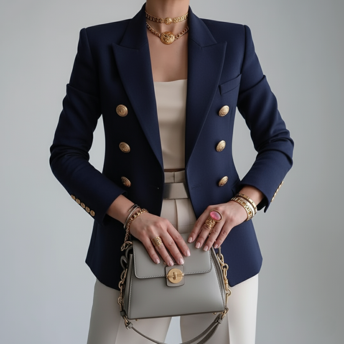 Getailleerde blazer dames met dubbele rij gouden knopen en reverskraag 2