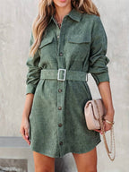 Corduroy mini-jurk dames met lange mouwen en bijpassende riem 1