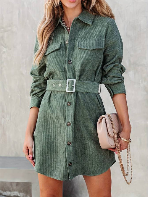 Corduroy mini-jurk dames met lange mouwen en bijpassende riem 1