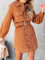 Corduroy mini-jurk dames met lange mouwen en bijpassende riem 2