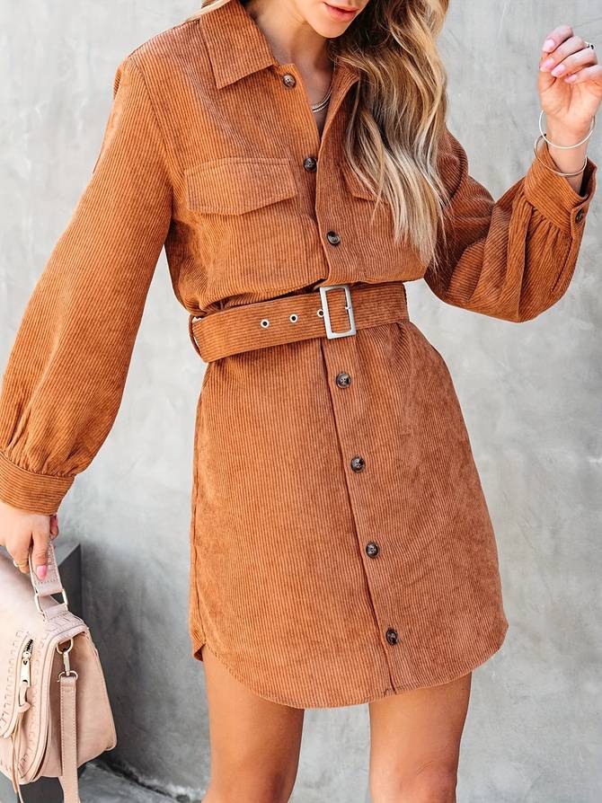 Corduroy mini-jurk dames met lange mouwen en bijpassende riem 2