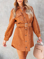 Corduroy mini-jurk dames met lange mouwen en bijpassende riem 7