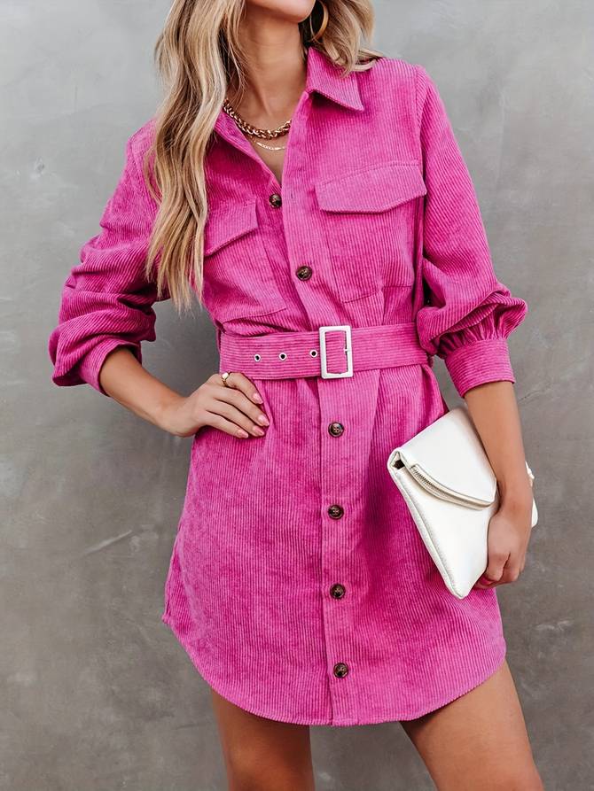 Corduroy mini-jurk dames met lange mouwen en bijpassende riem 9