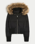 Cropped gewatteerde winterjas dames met capuchon en bontrand 3