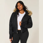 Cropped gewatteerde winterjas dames met capuchon en bontrand 8