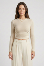 Cropped longsleeve dames met hoge ronde hals en wafelstructuur 1