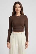 Cropped longsleeve dames met hoge ronde hals en wafelstructuur 2