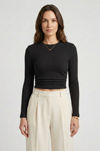 Cropped longsleeve dames met hoge ronde hals en wafelstructuur 4