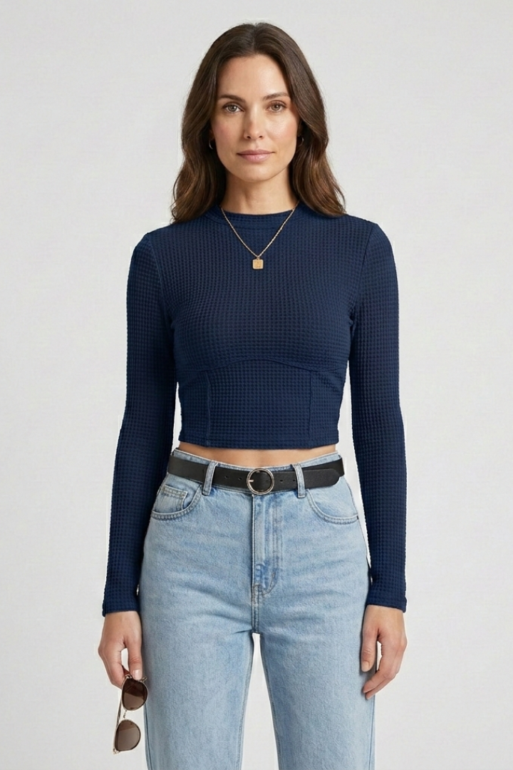 Cropped longsleeve dames met hoge ronde hals en wafelstructuur 5