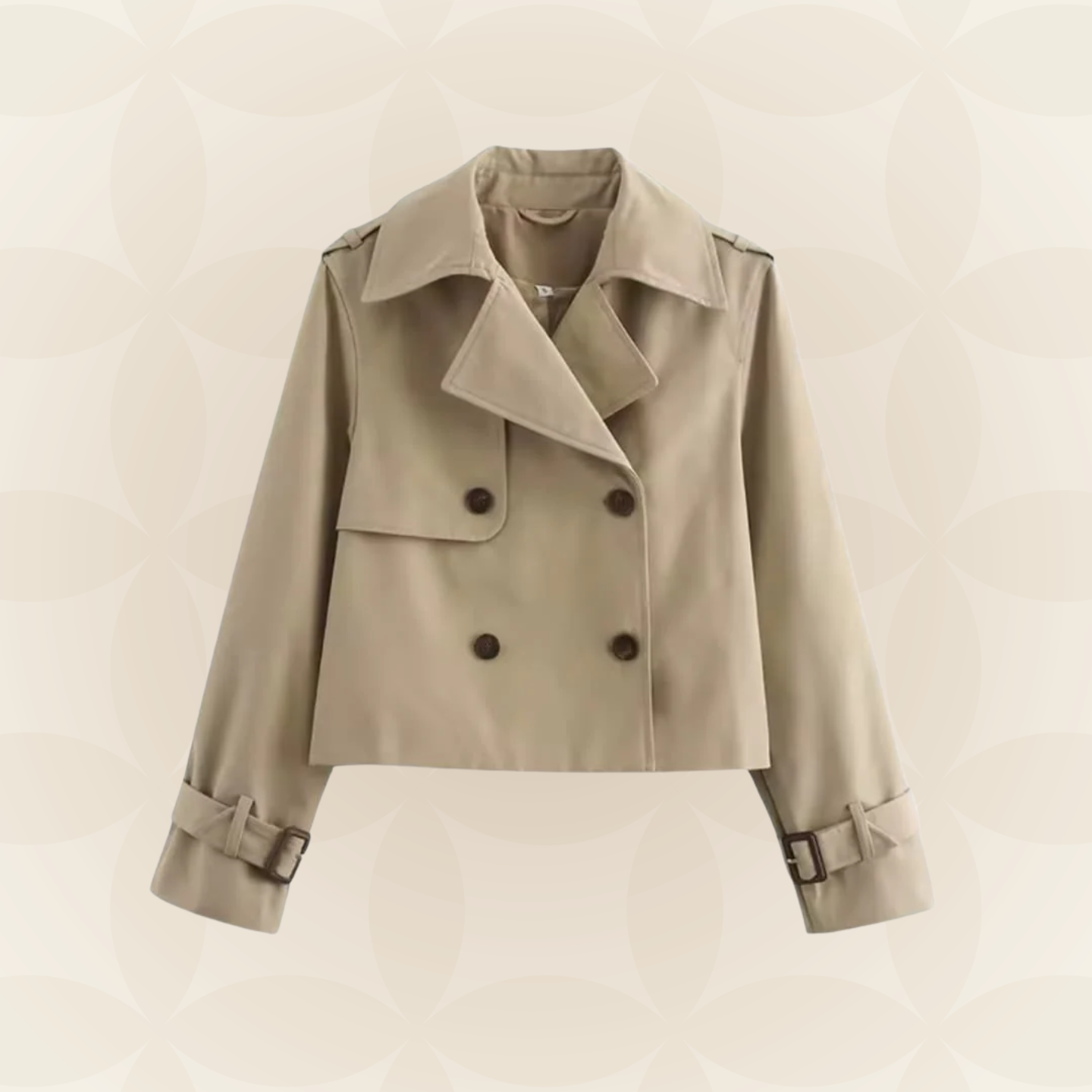 Cropped trenchcoat dames met brede reverskraag en dubbele knooprij 1