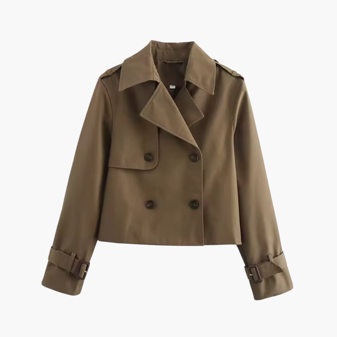 Cropped trenchcoat dames met brede reverskraag en dubbele knooprij 2