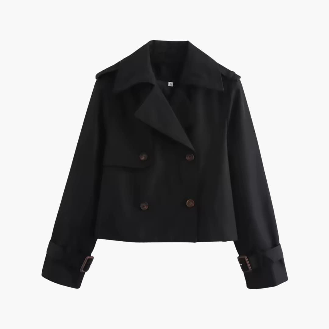 Cropped trenchcoat dames met brede reverskraag en dubbele knooprij 3