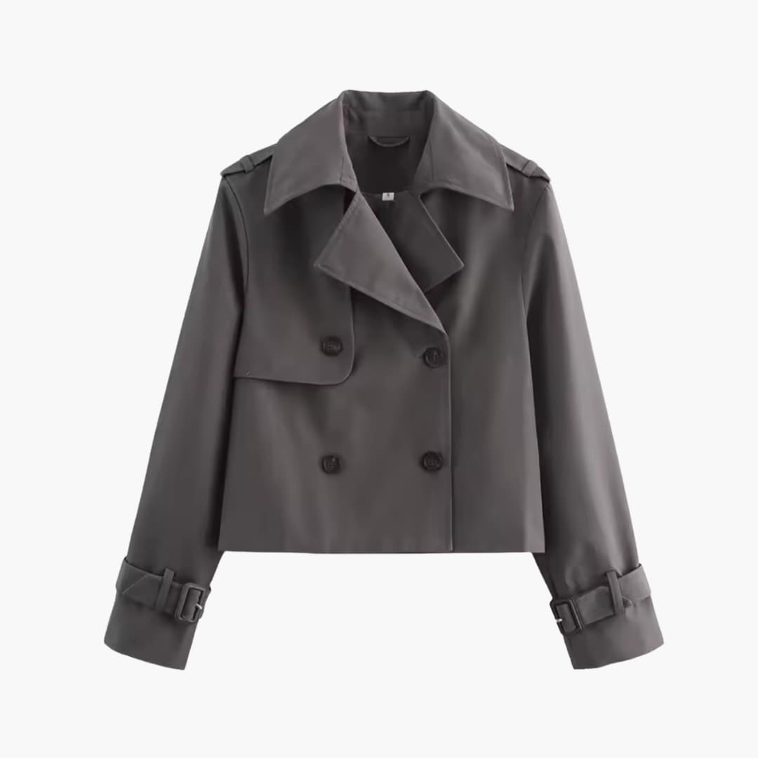Cropped trenchcoat dames met brede reverskraag en dubbele knooprij 4