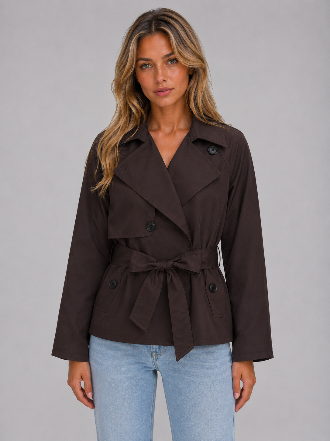 Cropped trenchjas dames met dubbele knoopsluiting en ceintuur 1