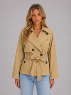Cropped trenchjas dames met dubbele knoopsluiting en ceintuur 2