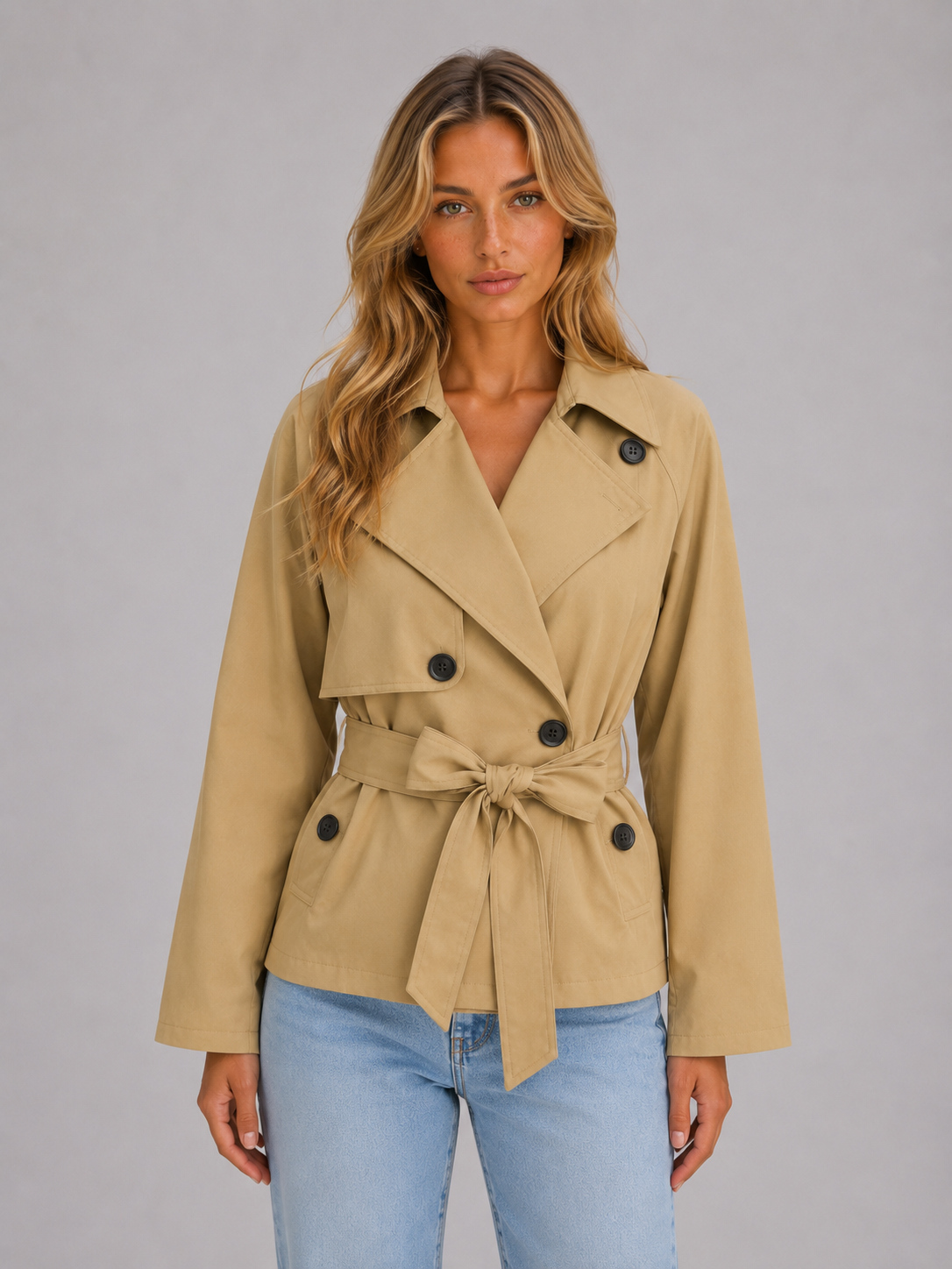 Cropped trenchjas dames met dubbele knoopsluiting en ceintuur 2
